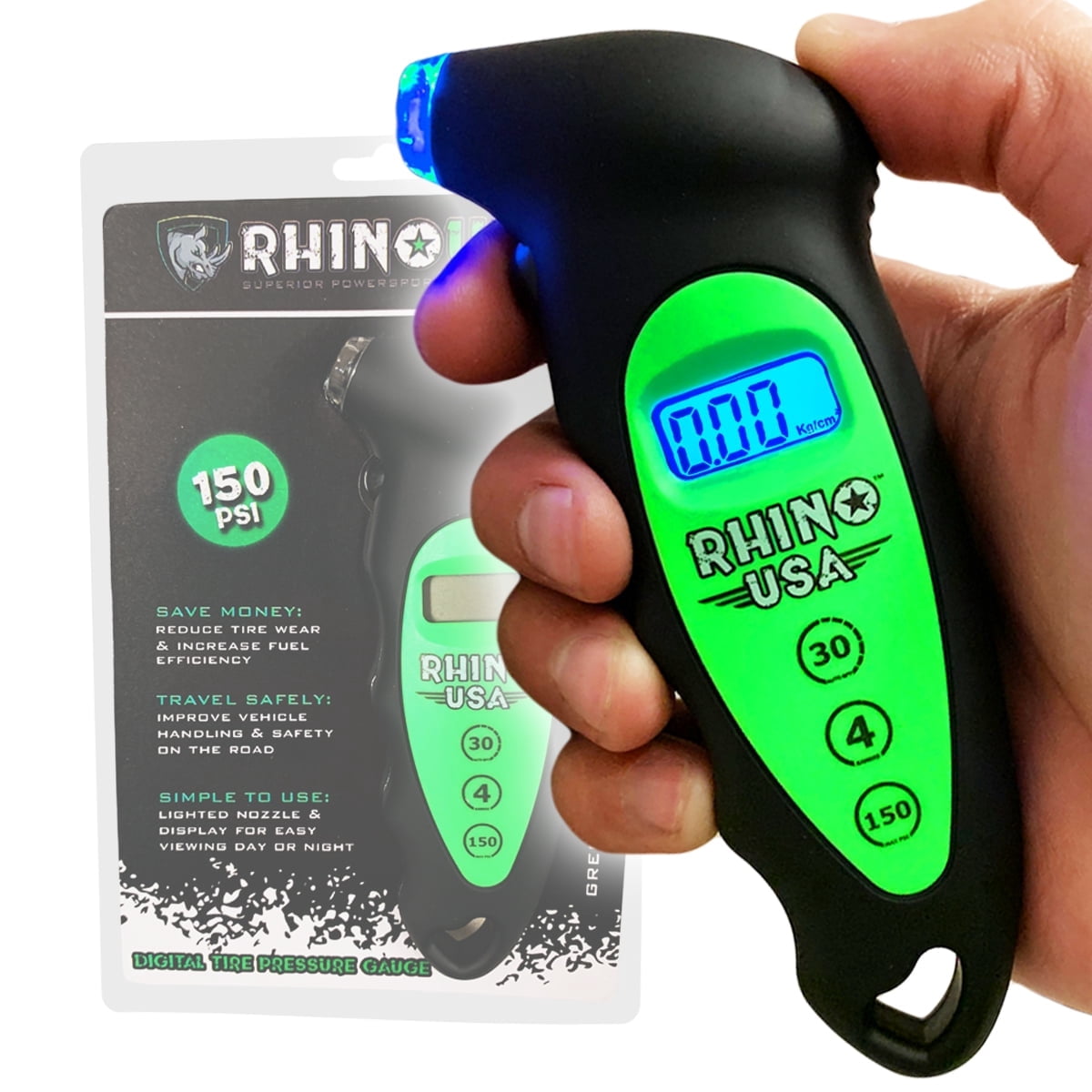 Rhino USA Digital Tire Pressure Gauge 150 PSI, 4 Ranges, Ergonomic Design w/Lighted Nozzle & LCD Backlit Display