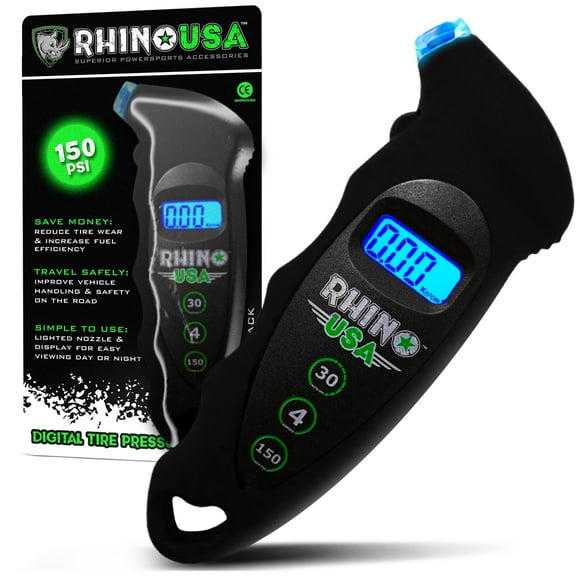 Rhino USA Digital Tire Pressure Gauge 150 PSI, 4 Ranges, Ergonomic Design w/Lighted Nozzle & LCD Backlit Display