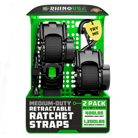 Rhino USA 1in x 10ft Retractable Ratchet Straps, 2 Pack – 403lbs Load Limit, 6lbs Total Weight
