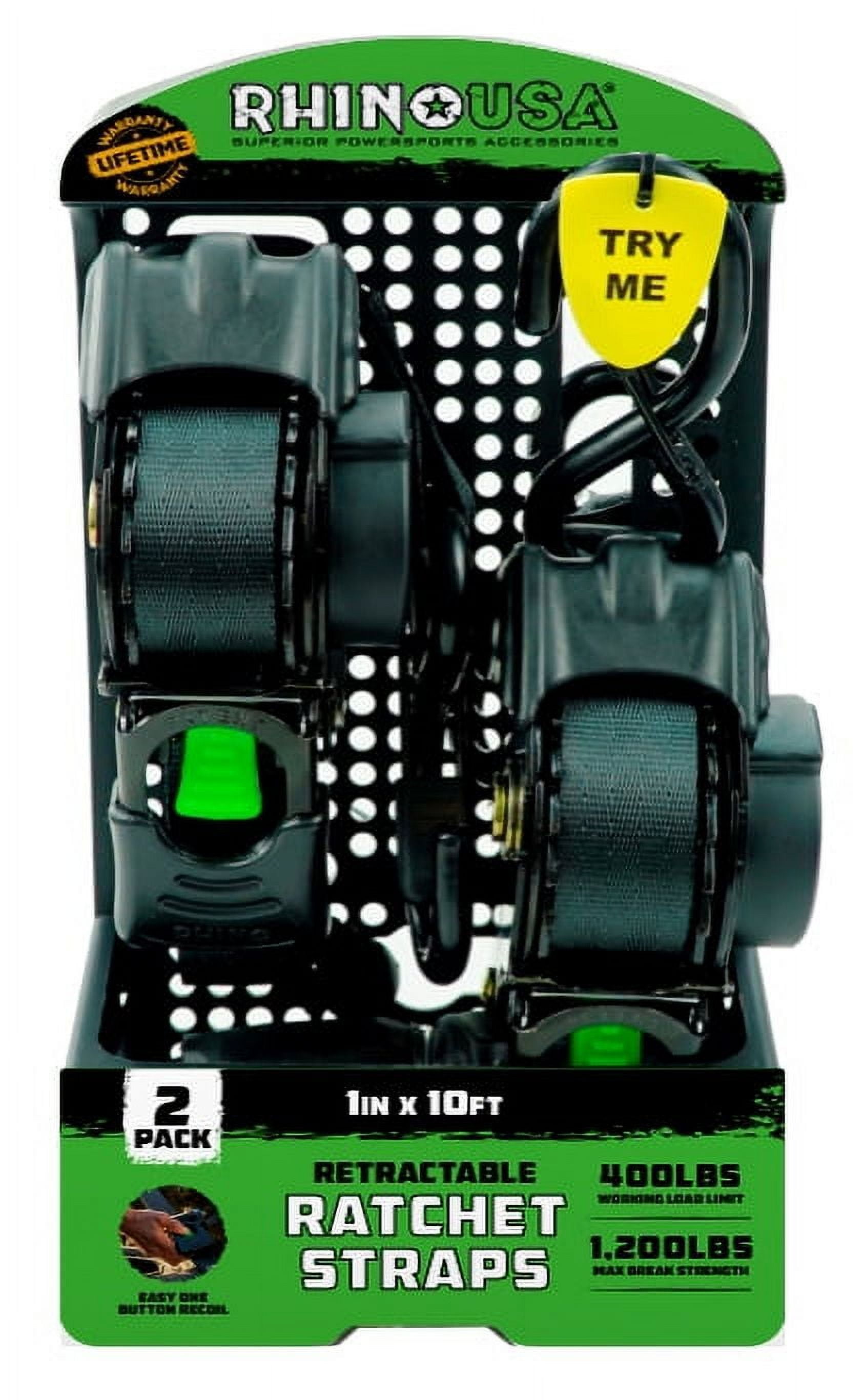 Rhino USA 1in x 10ft Retractable Ratchet Straps 2 Pack 403lbs Load Limit 6lbs Total Weight