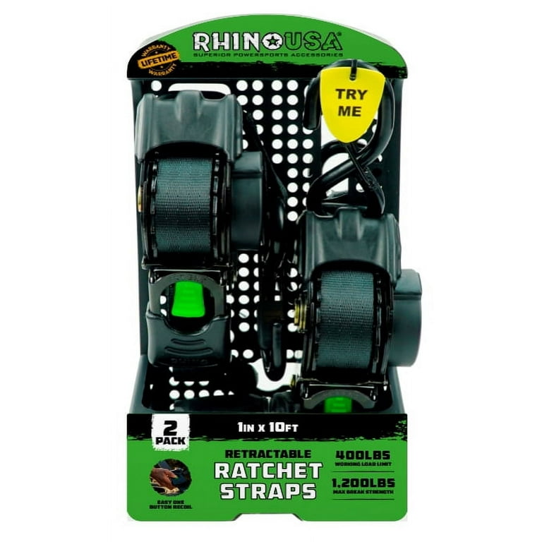 Rhino USA 1in x 10ft Retractable Ratchet Straps 2 Pack 403lbs Load Limit 6lbs Total Weight