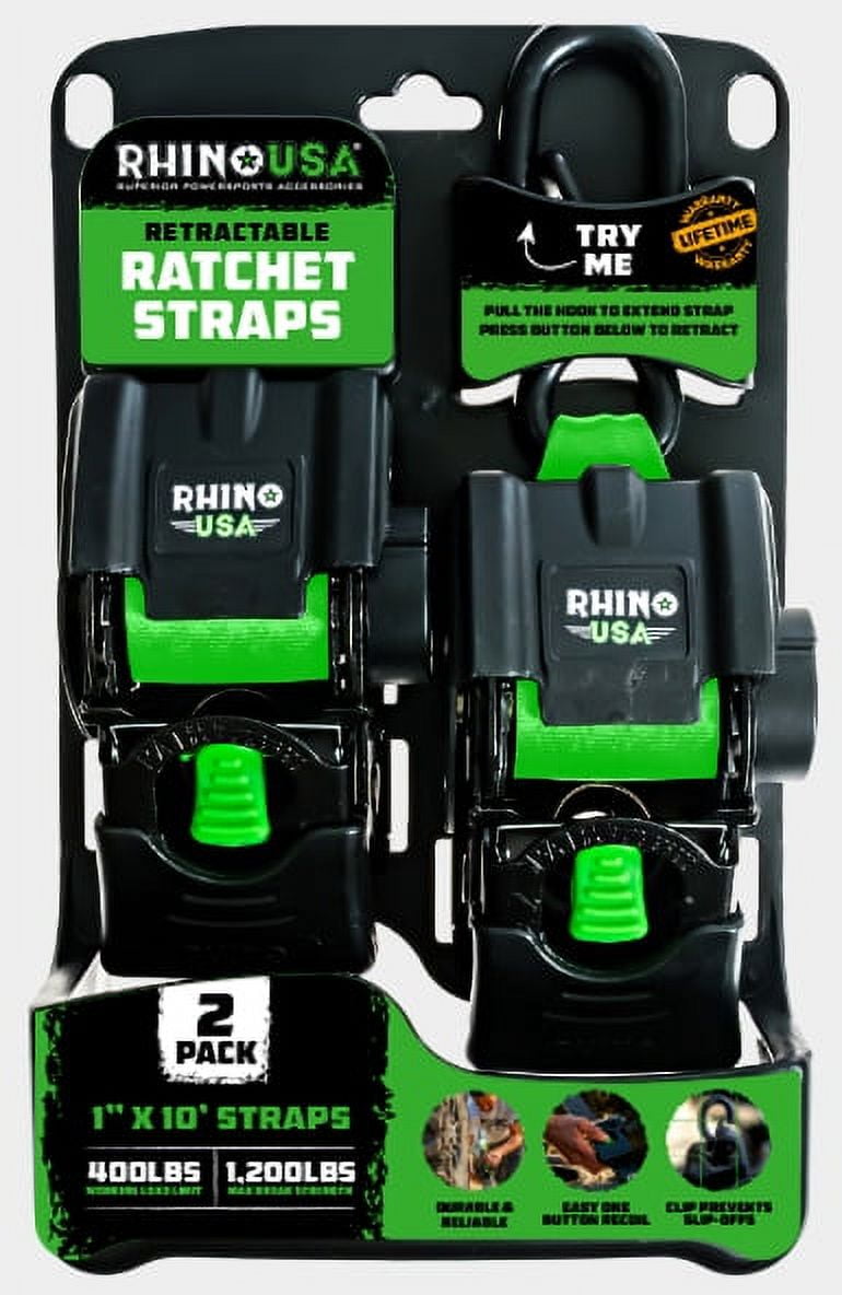 Rhino USA 1in x 10ft Retractable Ratchet Straps, 2 Pack, 403lbs Working