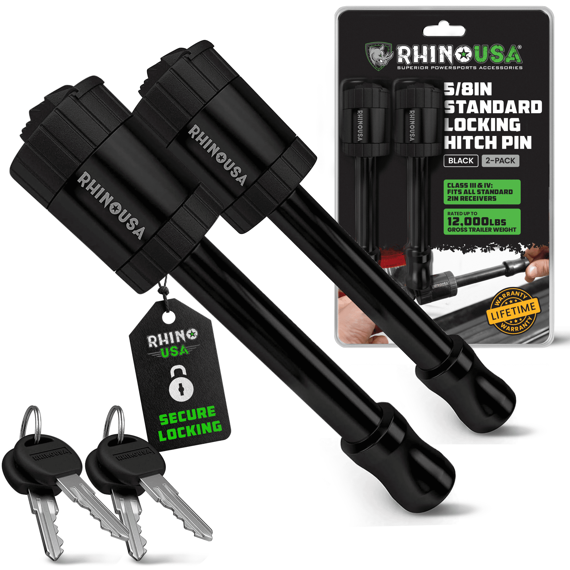 Rhino USA 2” Trailer Hitch Pin – Patented Locking Receiver Pin for Class III/IV Hitches – Weatherproof, Anti-Theft, Debris-Protected – Tow Truck Ready – BLK 2PK Keyed-Alike