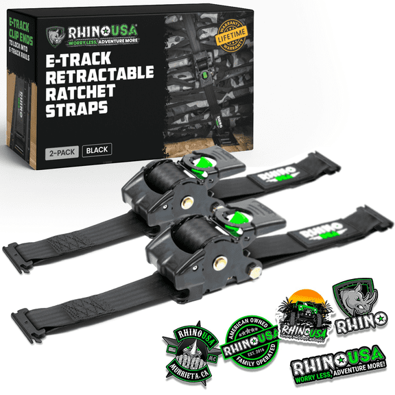 Rhino USA 2" x 10' E Track Retractable Ratchet Tie Down Straps - 3033lb Break Strength (Black 2Pack)