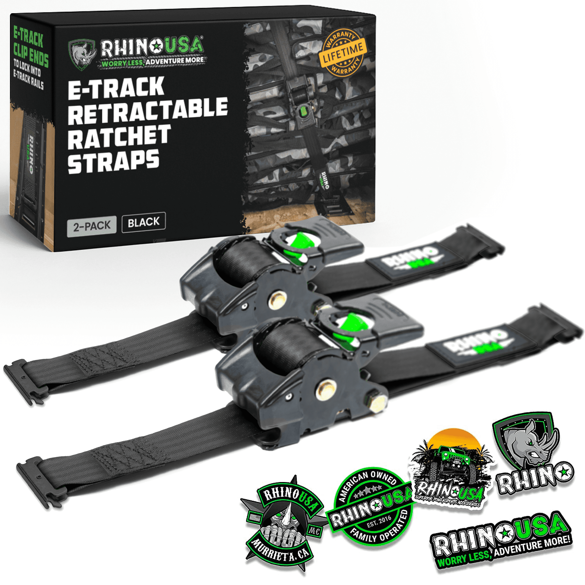 Rhino USA 2" x 10' E Track Retractable Ratchet Tie Down Straps - 3033lb Break Strength (Black 2Pack)