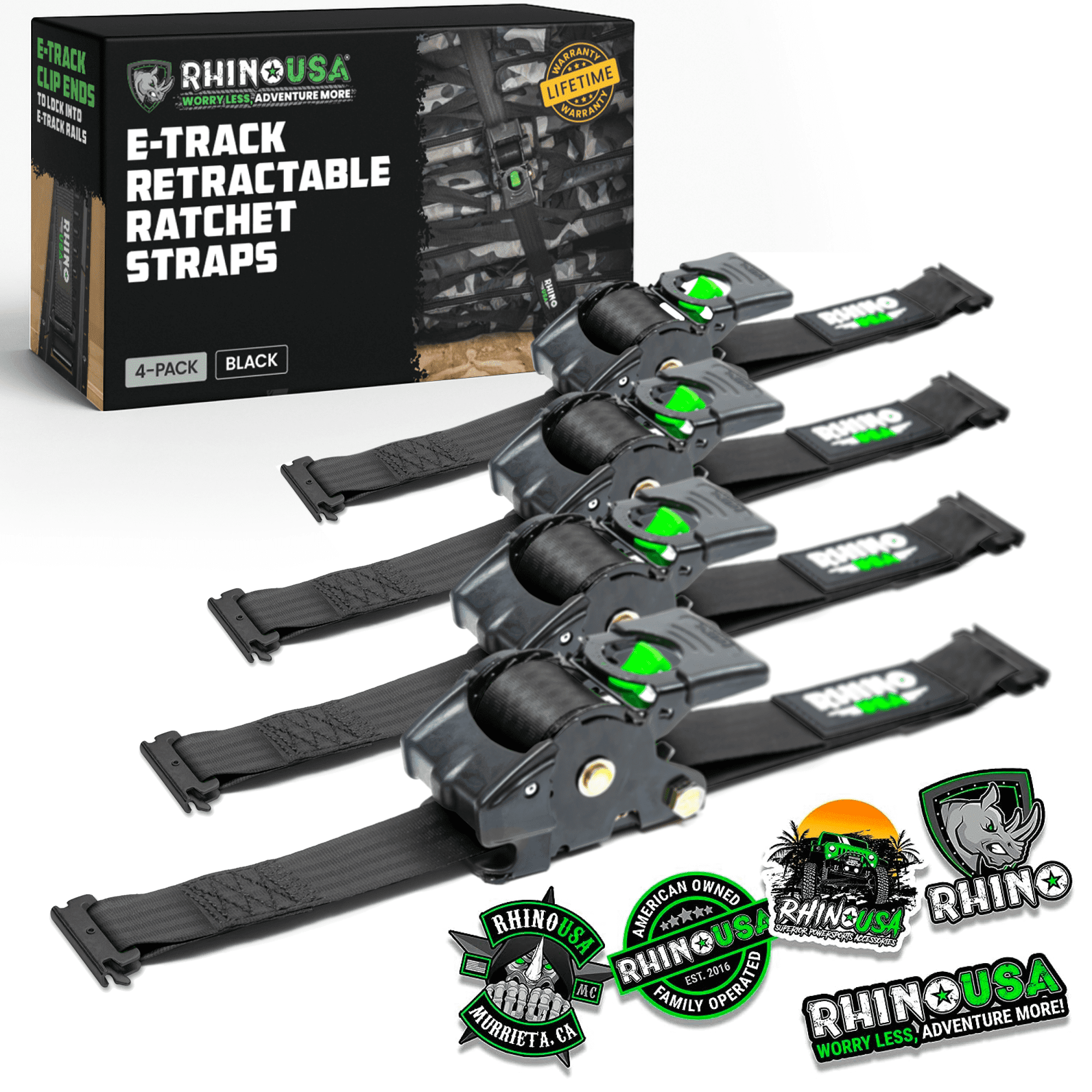 Rhino USA 2" x 10' E Track Retractable Ratchet Tie Down Straps - 3033lb Break Strength (Black 4Pack)