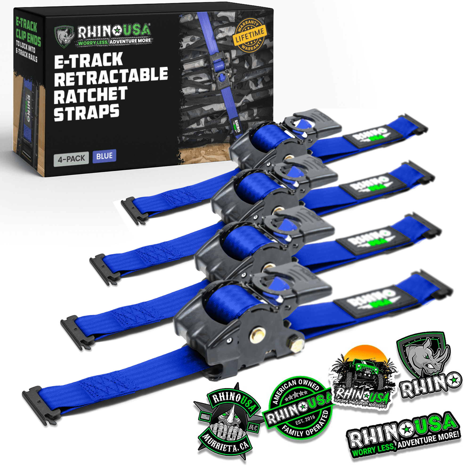 Rhino USA 2" x 10' E Track Retractable Ratchet Tie Down Straps - 3033lb Break Strength (Blue 4Pack)
