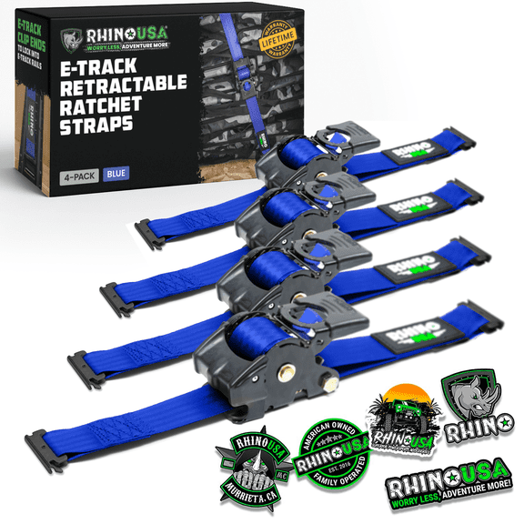 Rhino USA 2" x 10' E Track Retractable Ratchet Tie Down Straps - 3033lb Break Strength (Blue 4Pack)