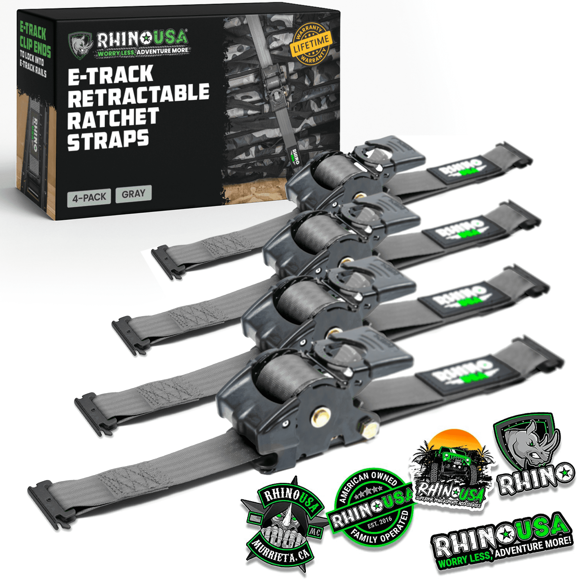 Rhino USA 2" x 10' E Track Retractable Ratchet Tie Down Straps - 3033lb Break Strength (Gray 4 Pack)