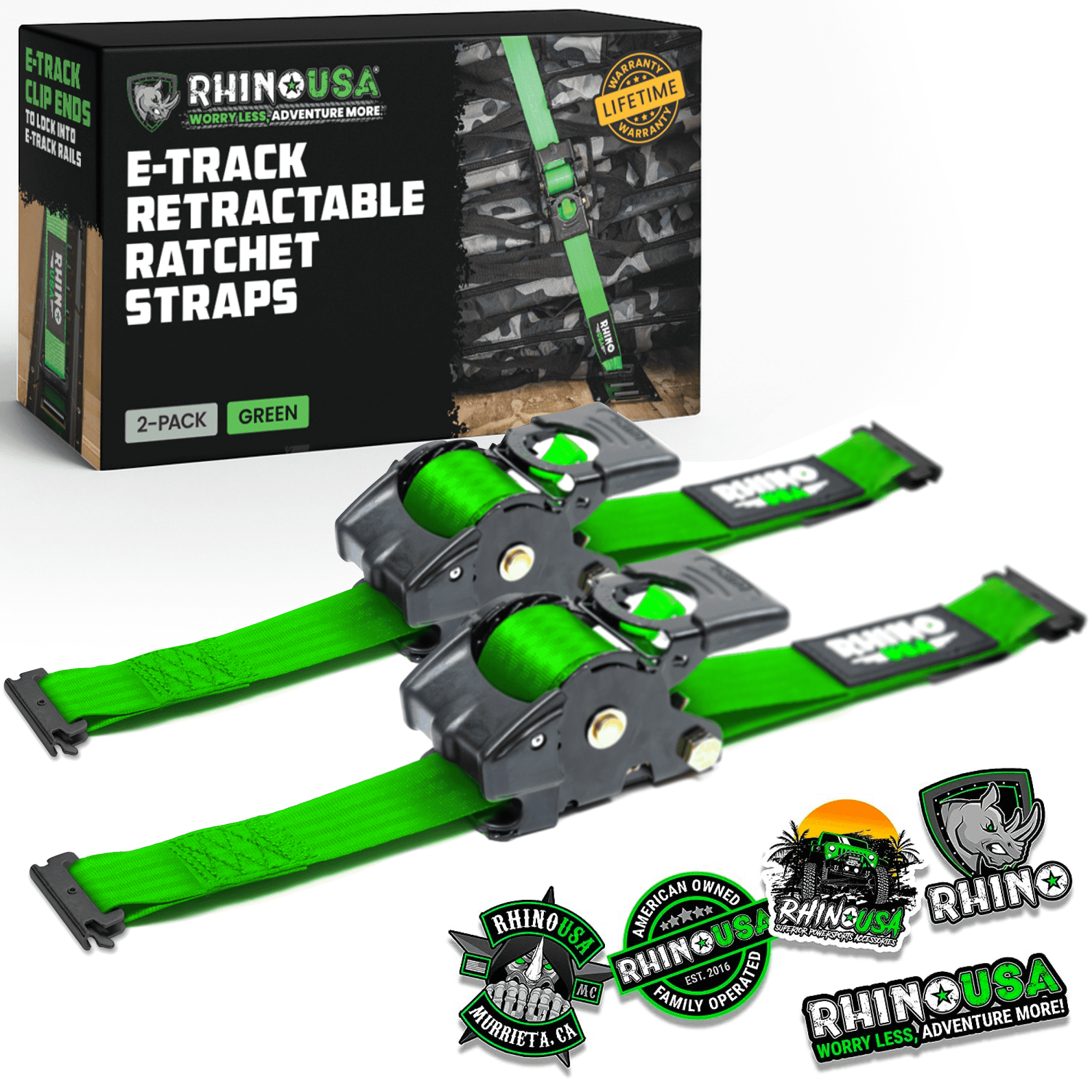 Rhino USA 2" x 10' E Track Retractable Ratchet Tie Down Straps - 3033lb Break Strength (Green 2Pack)