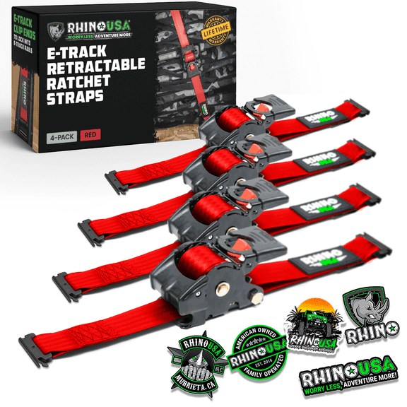 Rhino USA 2" x 10' E Track Retractable Ratchet Tie Down Straps - 3033lb Break Strength (Red 4 Pack)