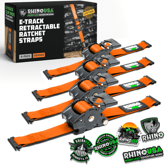 Rhino USA 2”x10’ Retractable E-Track Ratchet Straps: 3033lb Max Break Strength Compatible with E Track Rail Systems only– Perfect for UTV’s, ATV’s and Other Cargo (Orange - 4 Pack)