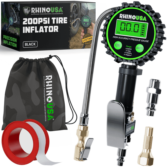 Rhino USA Tire Inflator with Pressure Gauge (0-200 PSI) - ANSI B40.1 Accurate, Large 2" Glow Dial