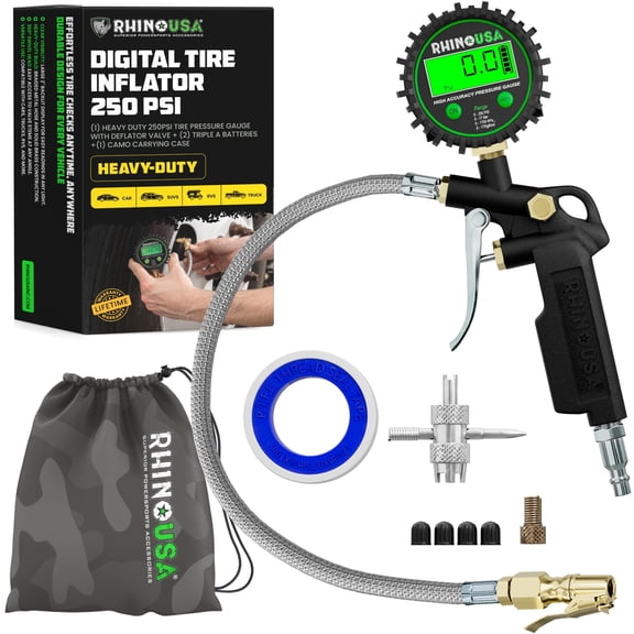 Rhino USA 250PSI Digital Tire Pressure Gauge with Inflator - Tire Gauge w/ 0.1 Display Resolution