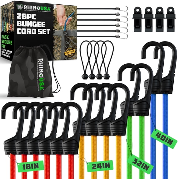 Rhino USA Bungee Cords with Hooks (28-Piece) Heavy Duty Outdoor Bungee Straps with Small, Short and Long Sizes - 4 Free Tarp Clips, Drawstring Bag, Canopy Ties & Ball Bungie - UV & Weather Resistant