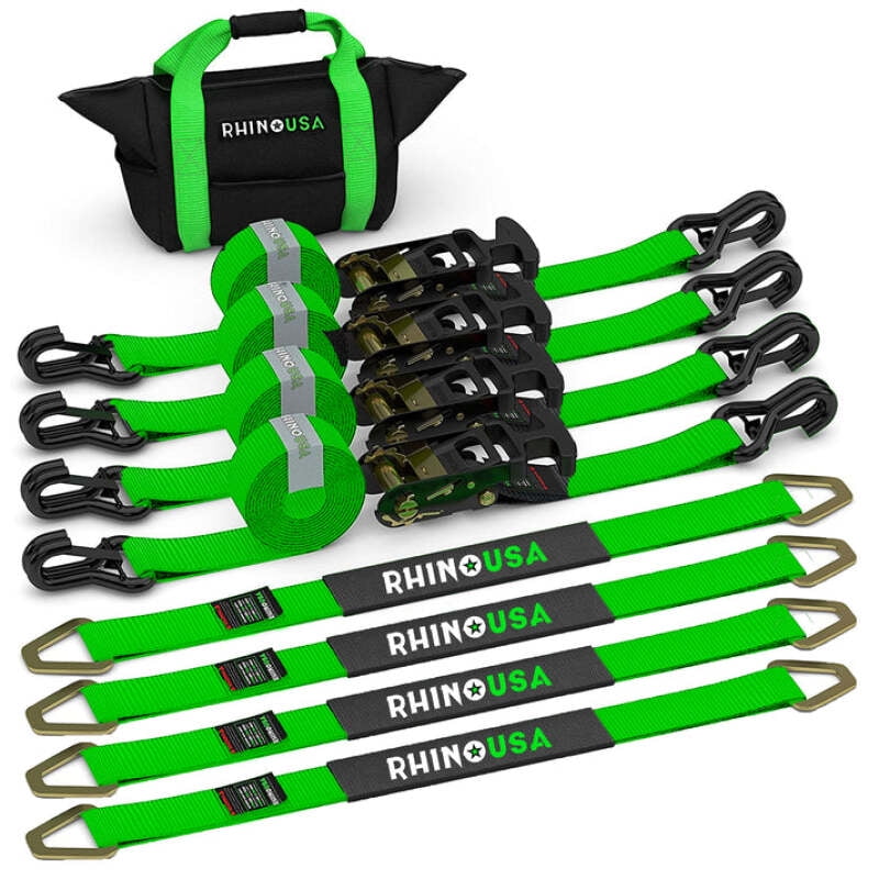 Rhino USA Heavy Duty Green Vehicle Tie Down Kit with J Hooks