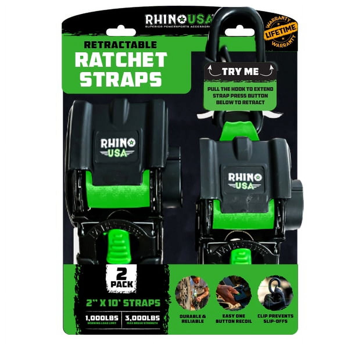 Rhino USA 2in x 10ft Retractable Ratchet Straps, 2 Pack, 1,000lbs