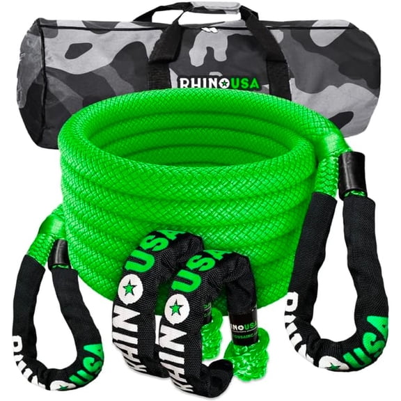 Rhino USA Kinetic Rope Recovery Kit (7/8in x 30ft) - Heavy Duty Offroad Snatch Strap - Includes 2 Soft Shackle (Green)
