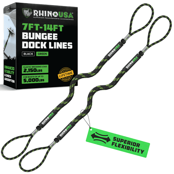 Rhino USA 7' Bungee Dock Line for Boats - Ultimate Docking Ropes for Pontoons, Cabin Cruisers, Fishing Boats and More! Perfect for Mooring or Other Wet Slip Applications - Black