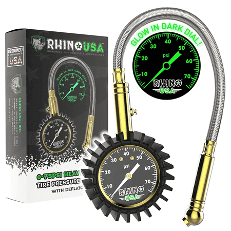 Rhino USA 75PSI Heavy Duty Tire Pressure Gauge - Certified ANSI B40.1 Accurate, Premium Braided Hose
