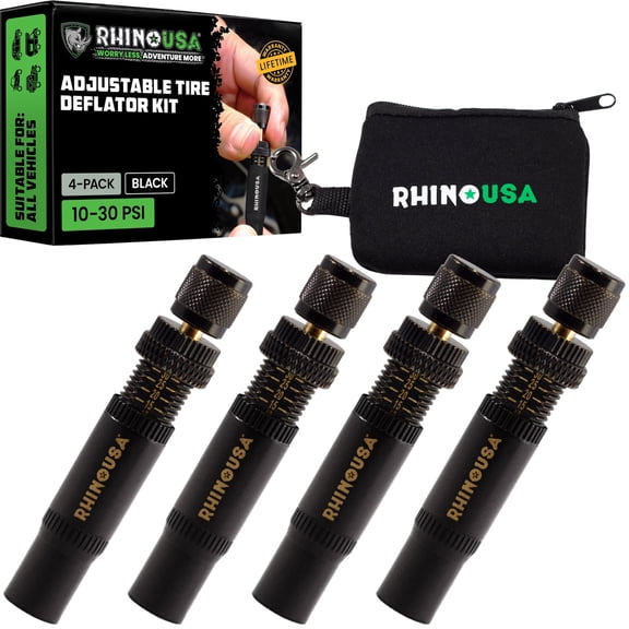 Rhino USA Adjustable Tire Deflator Kit (10-30 PSI) Ultimate Screw-on Automatic Tire Deflators for Offroad - Quick & Easy Air Down System for The Trails - (4-Pack) -Blac