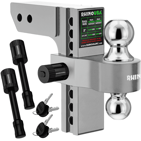Rhino USA Adjustable Trailer Hitch (2.5-Inch Receiver) - Heavy Duty Aluminum Tow Hitches with 8-Inch Drop/Rise for Truck (18,500 LBS GTW) - Weatherproof Double Anti-Theft Locking Hitch Pins (Silver)