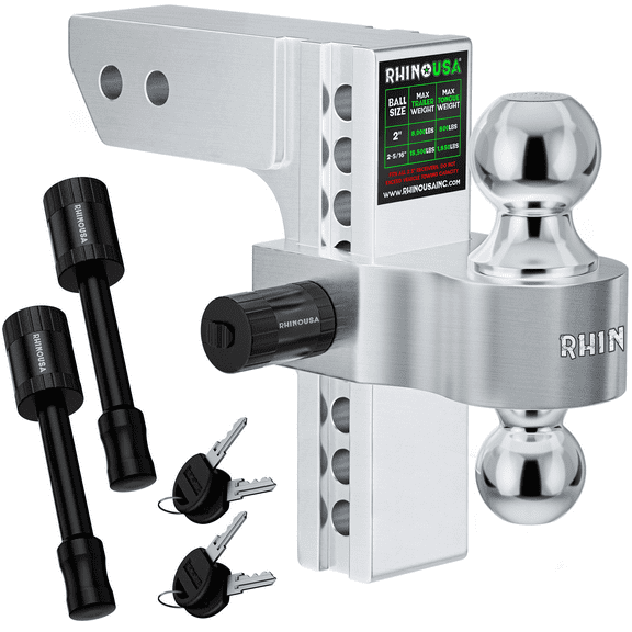 Rhino USA Adjustable Trailer Hitch (2-Inch Receiver) - Heavy Duty Aluminum Tow Hitches with 8-Inch Drop/Rise for Truck (12,500 LBS GTW) - Weatherproof Double Anti-Theft Locking Hitch Pins (Silver)