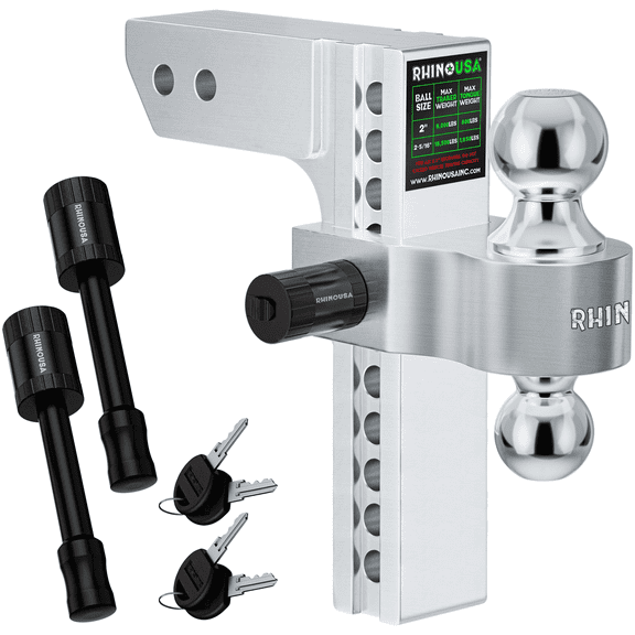 Rhino USA Adjustable Trailer Hitch (Fits 2-Inch Receiver)-Heavy Duty Aluminum Tow Hitches with 10-Inch Drop/Rise for Truck (12,500 LBS GTW) - Weatherproof Double Anti-Theft Locking Hitch Pins Silver