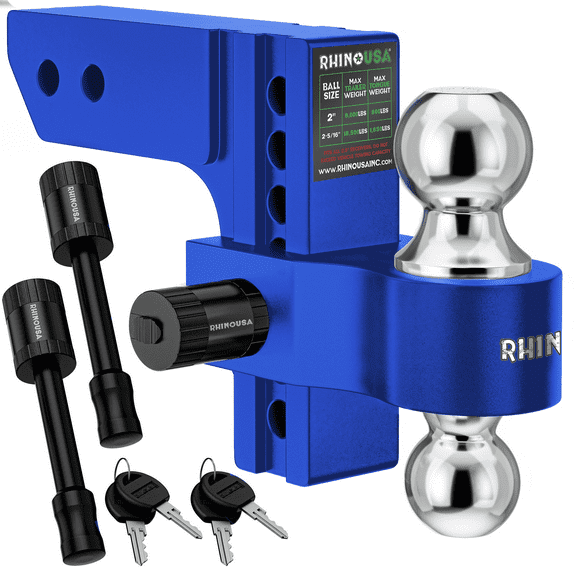 Rhino USA Adjustable Trailer Hitch (Fits 2-Inch Receiver) - Heavy Duty Aluminum Tow Hitches with 6-Inch Drop/Rise for Truck (12,500 LBS GTW) - Weatherproof Double Anti-Theft Locking Hitch Pins (Blue)