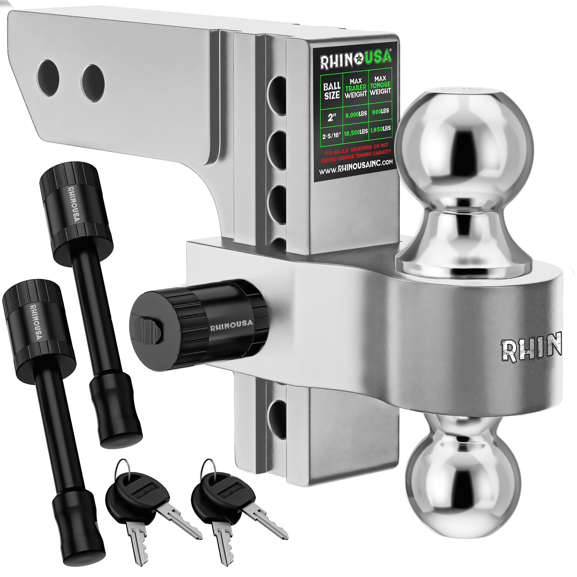 Rhino USA Adjustable Trailer Hitch (Fits 2" Receiver) with 6-inch Drop/Rise (12,500 LBS GTW) Silver