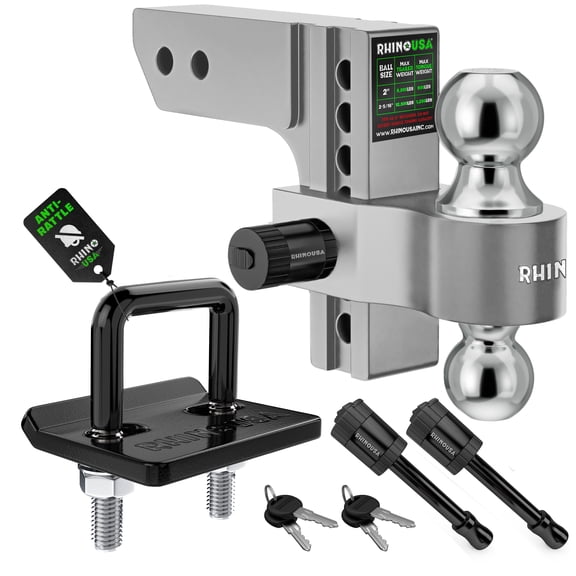 Rhino USA Adjustable Trailer Hitch (Fits 2" Receiver) with 6-inch Drop/Rise (12,500 LBS GTW) Silver