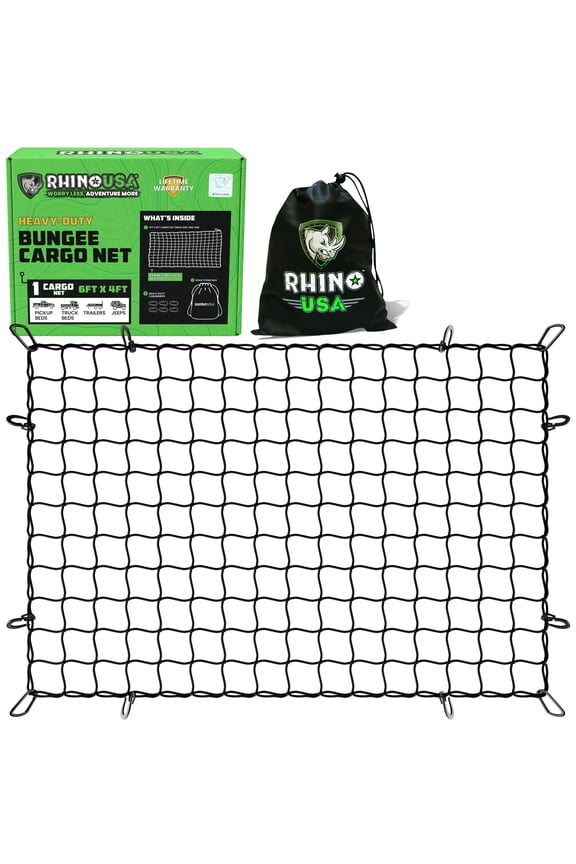 Double Thick Heavy Duty Bungee Cargo Net with 6 Metal Carabiners and Storage Bag