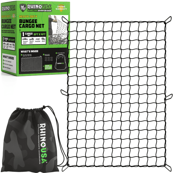 Rhino USA Double Thick Heavy Duty Bungee Cargo Net with 6 Metal Carabiners and Storage Bag