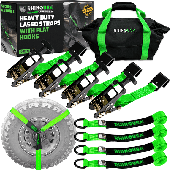 Rhino USA Car Tie Down Straps for Trailers w/ Flat Hooks 2" x 8' (10,000lb Break Strength) 4pc Green