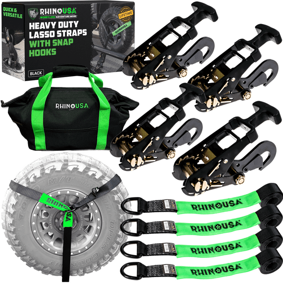 Rhino USA Car Tie Down Straps for Trailers w/ Snap Hooks 2" x 8' (10,000lb Break Strength) 4pc Black