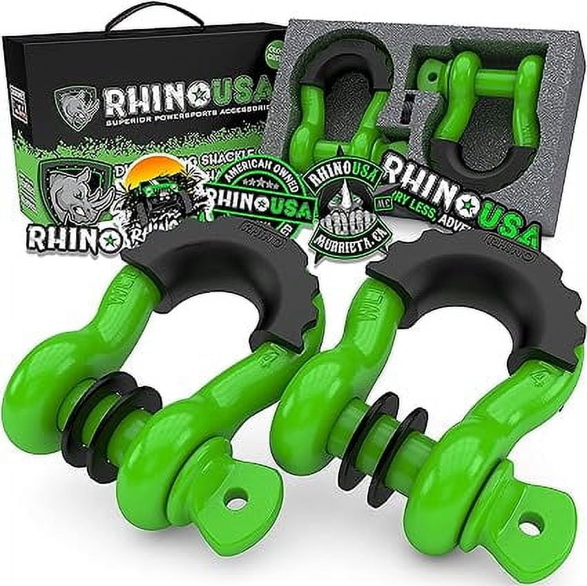 Rhino USA D Ring Shackle - 41,850lb Break Strength - Heavy Duty 3/4" Clevis Shackle w/ 7/8 Pin, Green 2pc