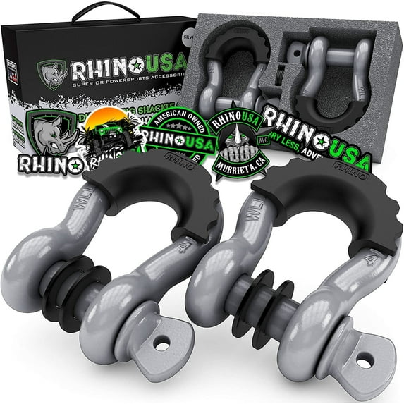 Rhino USA D Ring Shackles (2pc) - 41,850lb Break Strength - 3/4" Clevis Shackle w/ 7/8 Pin (Silver)