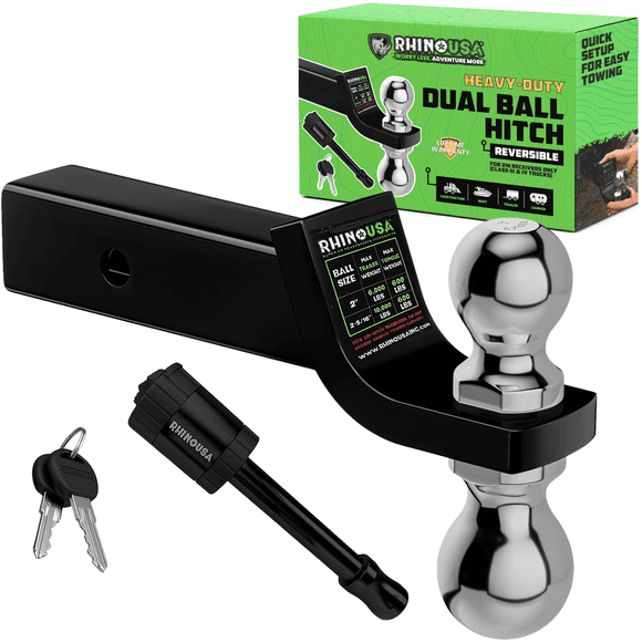 Rhino USA Dual Ball Hitch (Fits 2-Inch Receiver) - Heavy Duty Reversible Tow Hitch for 2 Inch and 2 5/16 Trailers (10,000 LBS GTW) - Weatherproof Anti-Theft Locking Hitch Pin Included