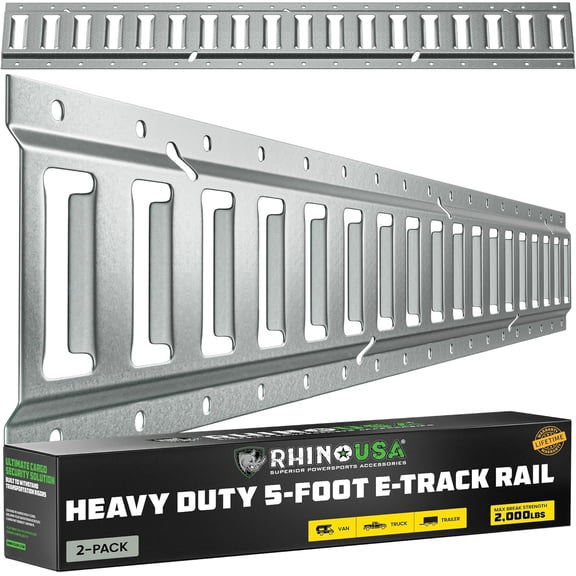 Rhino USA E Track Rail 5' (2 Pack) Used for Trailers, Vans, Garages & More - Ultimate E-Track Rails System for Quick & Easy Cargo Management - Galvanized Steel - Up to 2,000lbs Load Limit