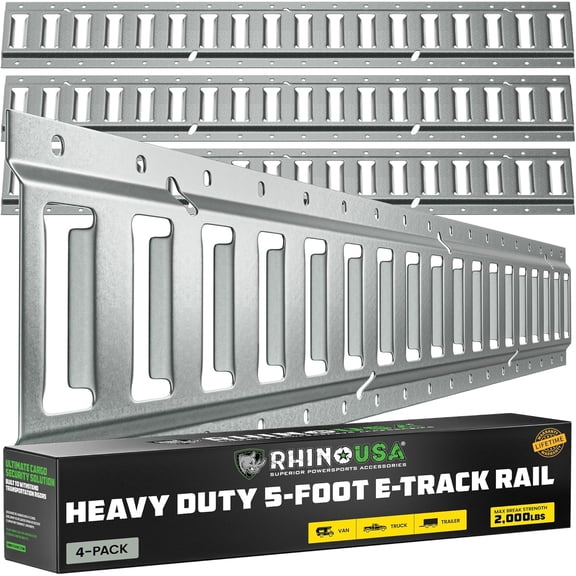 Rhino USA E Track Rail 5' (4 Pack) Used for Trailers, Vans, Garages & More - Ultimate E-Track Rails System for Quick & Easy Cargo Management - Galvanized Steel - Up to 2,000lbs Load Limit
