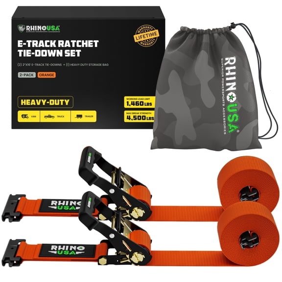 Rhino USA E Track Ratchet Tie Down Straps (4,500lb Break Strength) - w/ (2) Premium 2" x 16' eTrack Tie Down