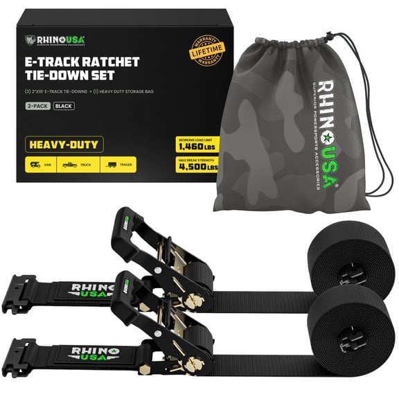 Rhino USA E Track Ratchet Tie Down Straps (4,500lb Break Strength) - Includes (2) Premium 2" x 16' eTrack Tie Downs - Ultimate Heavy Duty eTrack Cargo Strap System for Trailer, Truck, Motorcycle