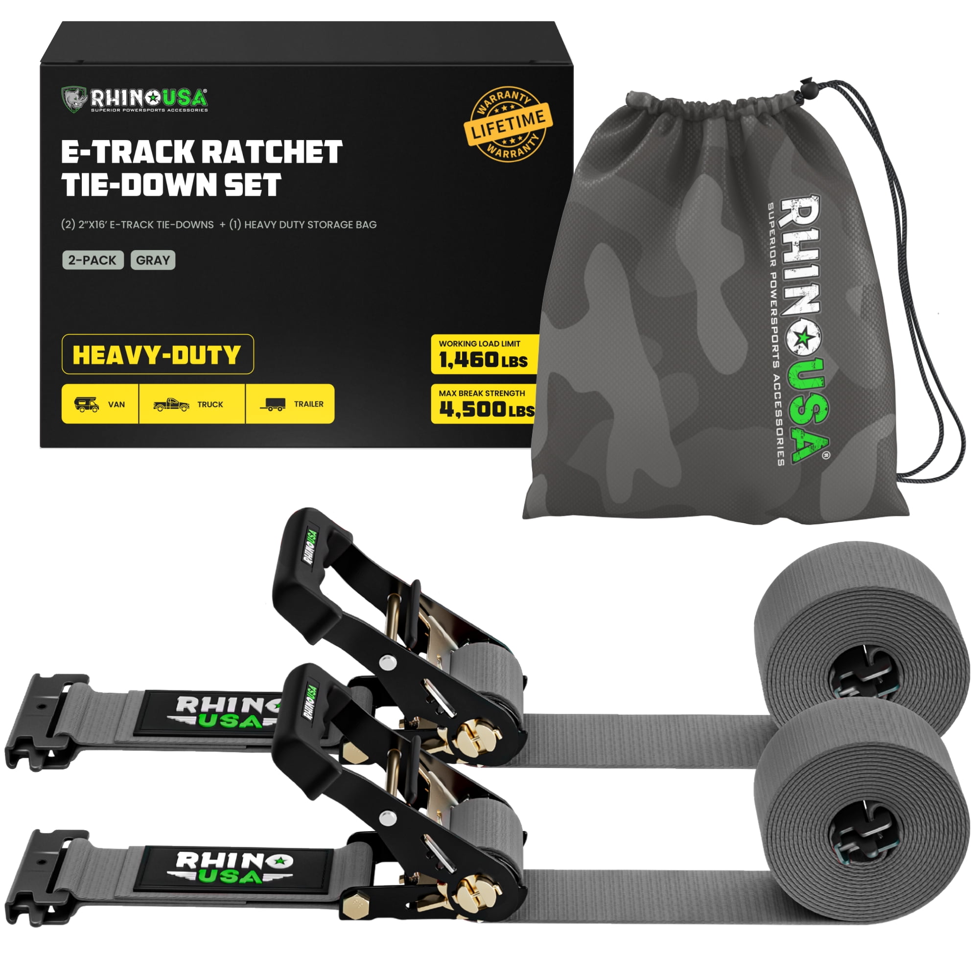 Rhino USA E Track Ratchet Tie Down Straps (4,500lb Break Strength) - Includes (2) Premium 2" x 16' eTrack Tie Downs - Ultimate Heavy Duty eTrack Cargo Strap System for Trailer, Truck, Motorcycle