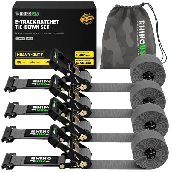 Rhino USA E Track Ratchet Tie Down Straps (4,500lb Break Strength) - w/ (4) Premium 2" x 16' eTrack Tie Down