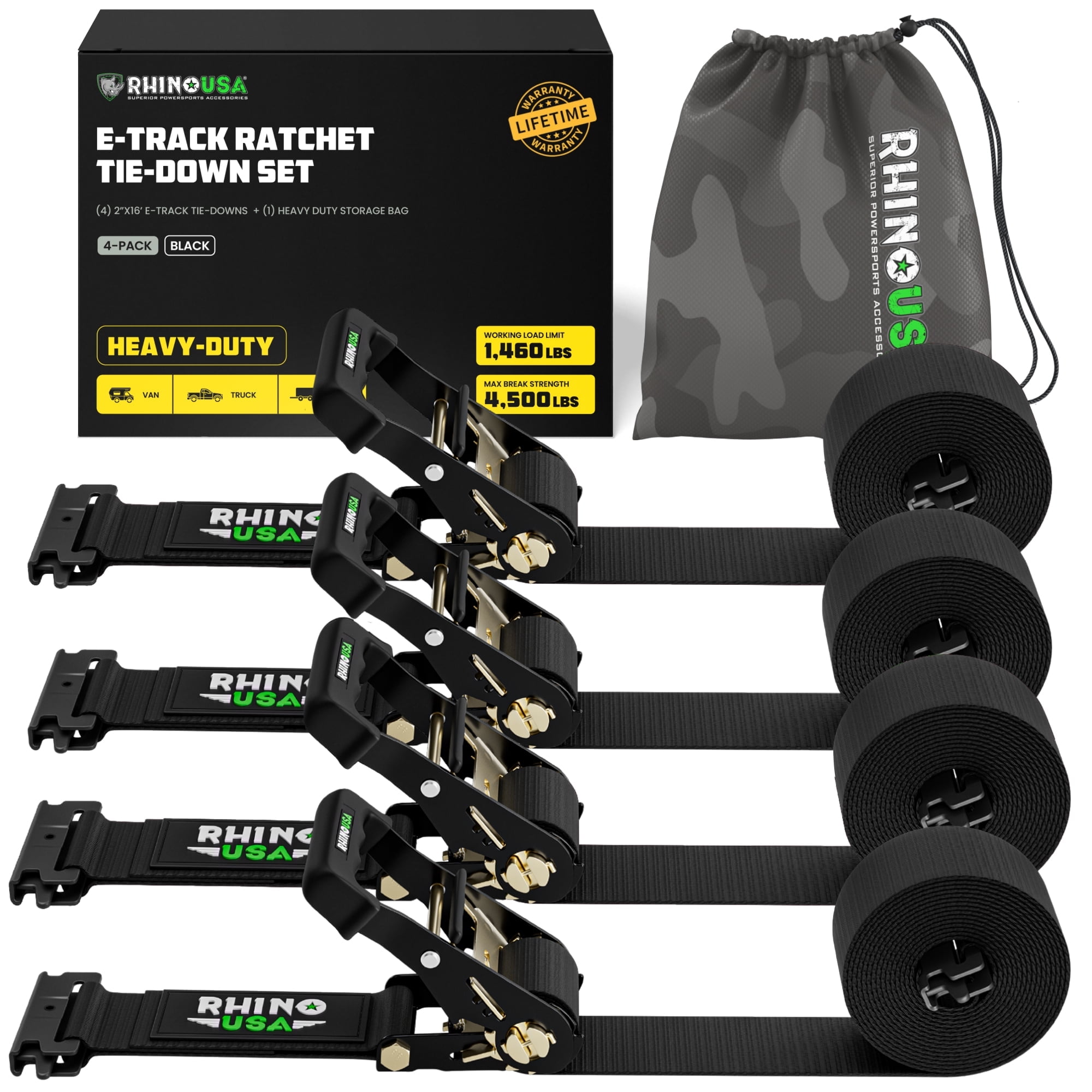 Rhino USA E Track Ratchet Tie Down Straps (4,500lb Break Strength) - w/ (4) Premium 2" x 16' eTrack Tie Down