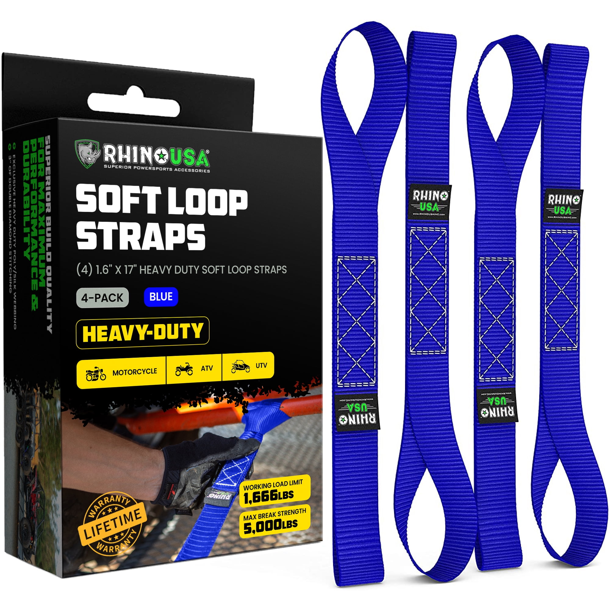 Rhino USA - 1.7" x 17" Soft Loop Tie-Down Straps (4-Pack Blue) - 2" H ...