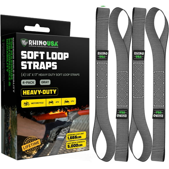Rhino USA Heavy Duty 1.6 x 17 inch Soft Loop Tie Down Straps - 5,000 lbs Break Strength (Gray 4pack)
