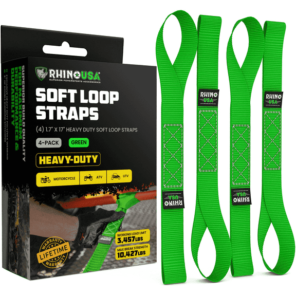 Rhino USA Heavy Duty 1.6 x 17 inch Soft Loop Tie Down Straps - 5,000 lbs Break Strength (Green 4pack)