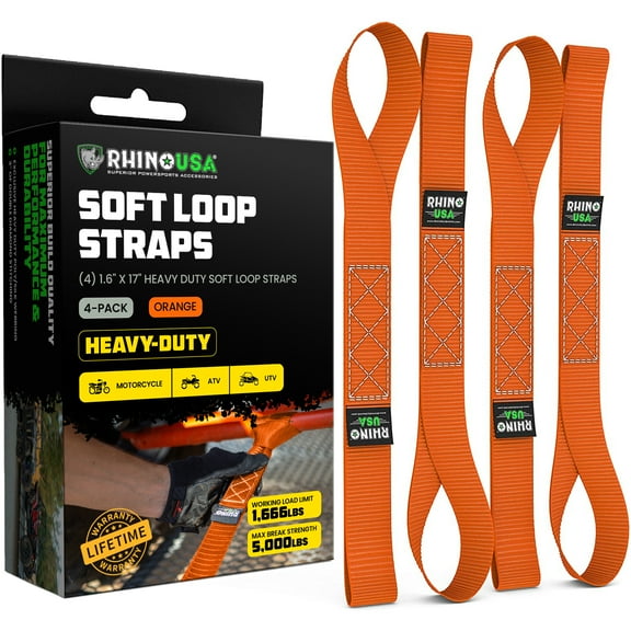 Rhino USA Heavy Duty 1.6 x 17 inch Soft Loop Tie Down Straps - 5,000 lbs Break Strength (Orange 4pack)