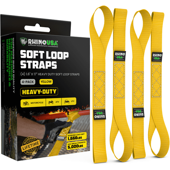 Rhino USA Heavy Duty 1.6 x 17 inch Soft Loop Tie Down Straps - 5,000 lbs Break Strength (Yellow 4pack)